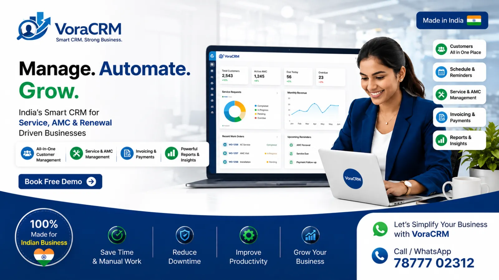 VoraCRM dashboard showing renewals, jobs and revenue overview
